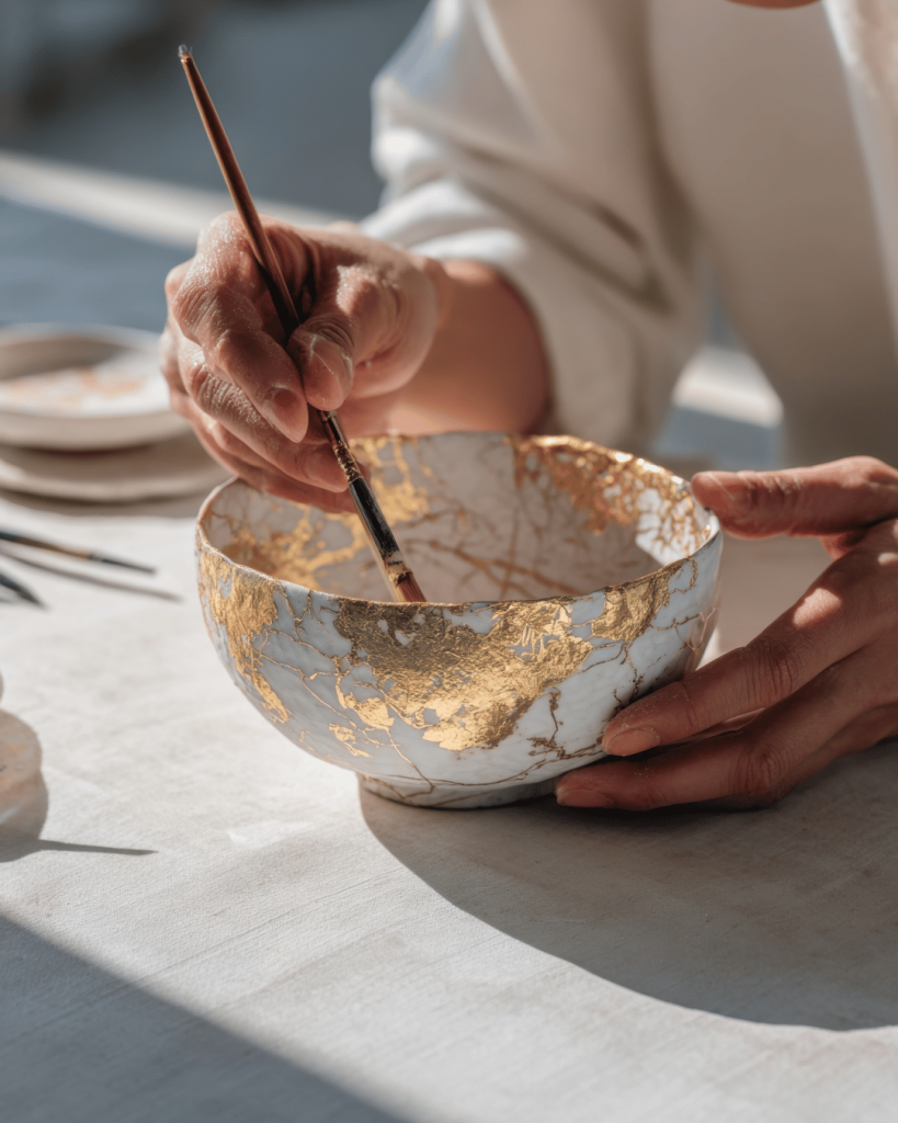 Bol japonais réparé selon l’art du Kintsugi avec des fissures dorées